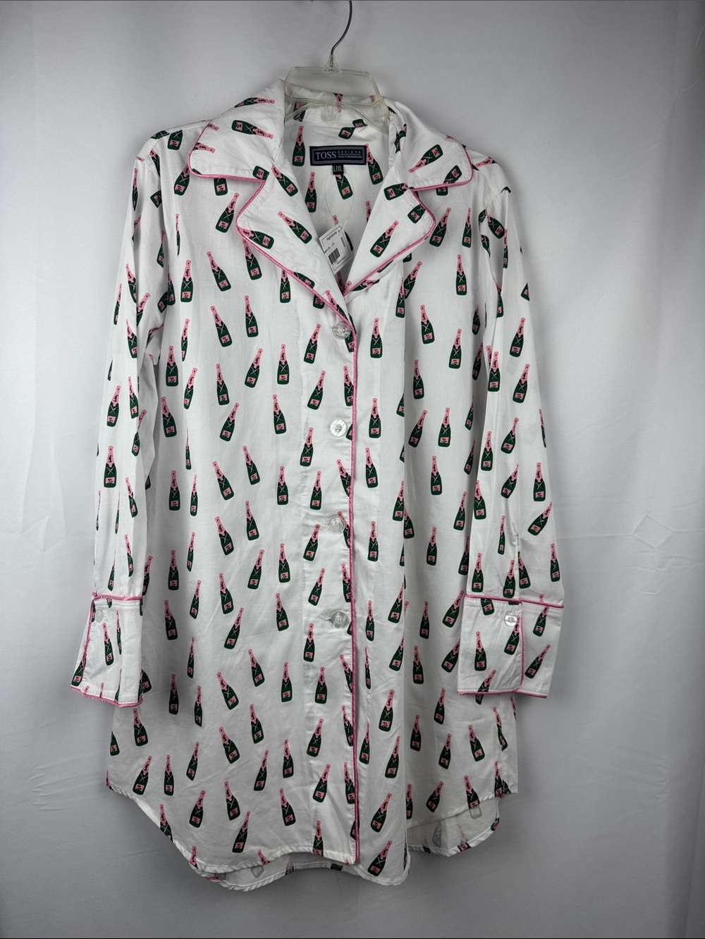 Toss Designs Champagne Bottles Button-Front Nightgown PJ White Pink Size L/XL